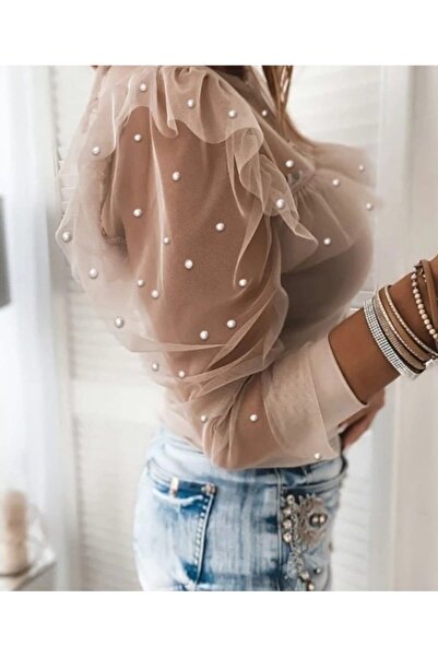 JANES Woman's long sleeve pearl detailed tulle viscose blouse