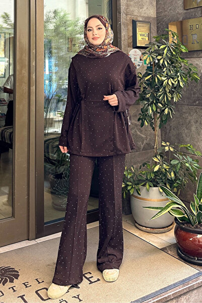 Miraydın Butik Γυναικείο Σετ Πέτρινο Τούνελ Λεπτομερές 41448 - Καφέ