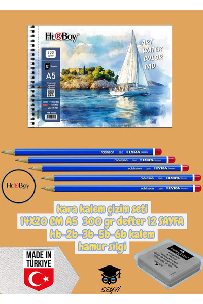 SEYFİKİRTASİYE kara kalem çizim seti 14X20 CM A5 300 gr defter 12 SAYFA hb-2b-3b-5b-6b kalem hamur silgi