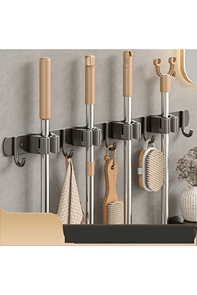 nelerbulurum Stainless Steel 4 Clips 5-Hook Mop Broom, Brush Mob Hanger Handle Holder Kitchen and Bathroom Hanger