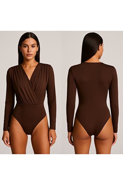 Nsb Tasarım Дамски кафяв боди с набрани детайли