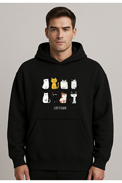 Advantage Hanorac cu glugă oversize negru cu design Cattitude Cat