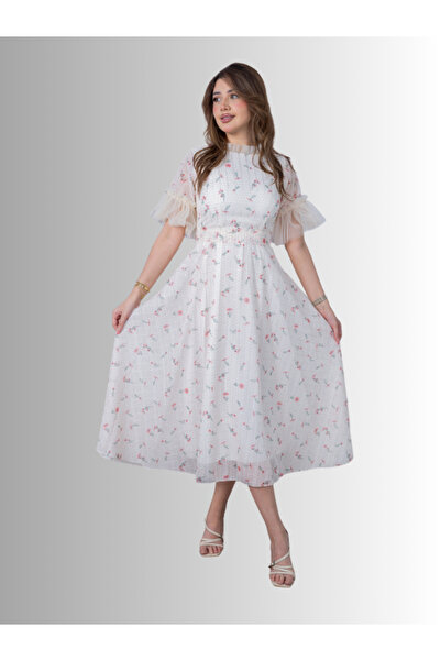 Nice Model Floral Print Midi Dress Ruffle Sleeve Summer Chiffon A-Line Belted...