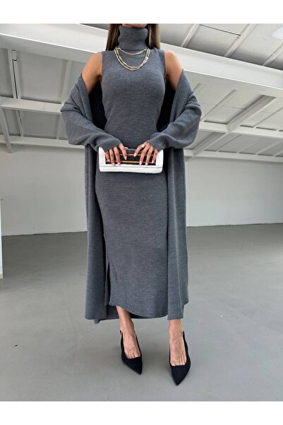 CLB COLLECTION طقم تريكو نسائي مكون من فستان طويل بدون أكمام وسترة طويلة