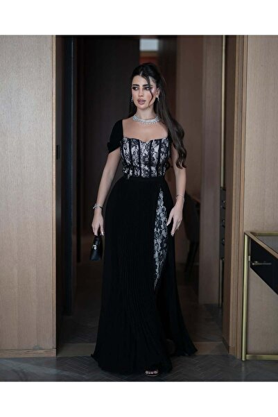 Riva Elegant black evening dress, white lace, corset design, pleated skirt