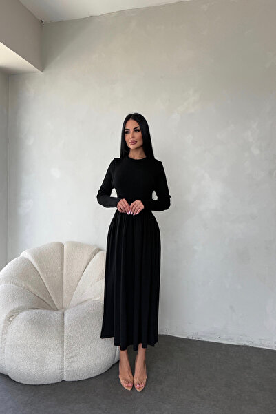 LİLA İSTANBUL Bisiklet Yaka Pileli Triko Elbise ( Standart Beden S/M/L/XL Uyumlu)