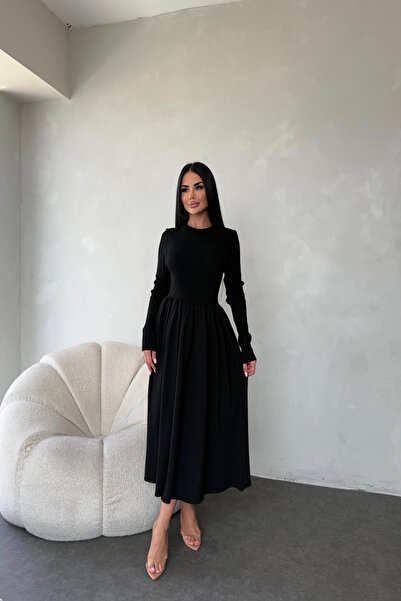 LİLA İSTANBUL Bisiklet Yaka Pileli Triko Elbise ( Standart Beden S/M/L/XL Uyumlu)