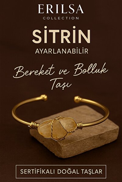 Erilsa Sertifikalı Ayarlanabilir Sitrin Doğal Taş Bileklik – 24K Altın Kaplam...