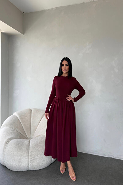 LİLA İSTANBUL Rochie de tricotat plisată cu gât rotund (compatibilă cu mărimea standard S/M/L/XL)