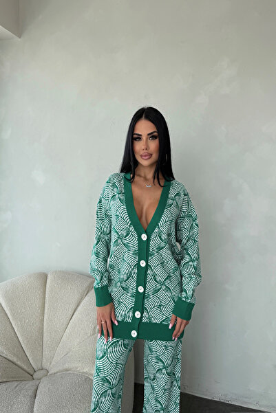 LİLA İSTANBUL V-Neck Patterned Buttoned Double Knitwear Set (Standard Size S/M/L/Xl Compatible)