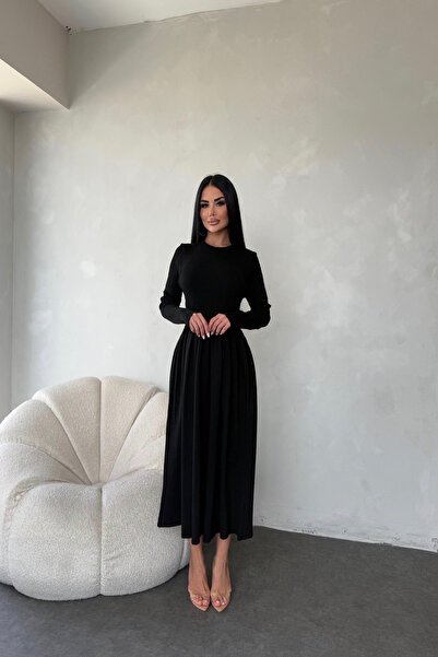 LİLA İSTANBUL Bisiklet Yaka Pileli Triko Elbise ( Standart Beden S/M/L/XL Uyumlu)