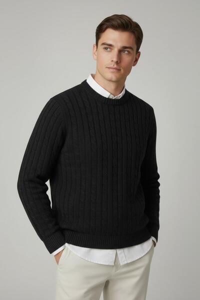 CHUBA Men's Hair Knit Crew Neck Thick Knitwear Sweater Black 26W2014