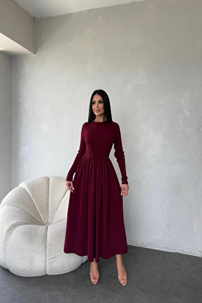 LİLA İSTANBUL Rochie de tricotat plisată cu gât rotund (compatibilă cu mărimea standard S/M/L/XL)