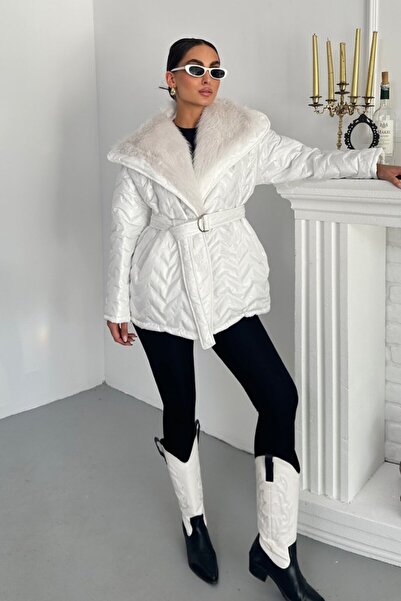 spirituel Γυναικείο πουπουλένιο παλτό με φαρδύ γιακά με κορδόνι με γούνινο καπιτονέ παλτό