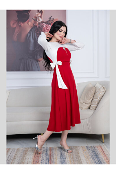 TREN Red & White Color Block Midi Dress - Stone Embellished Waist Tie Elegant Design
