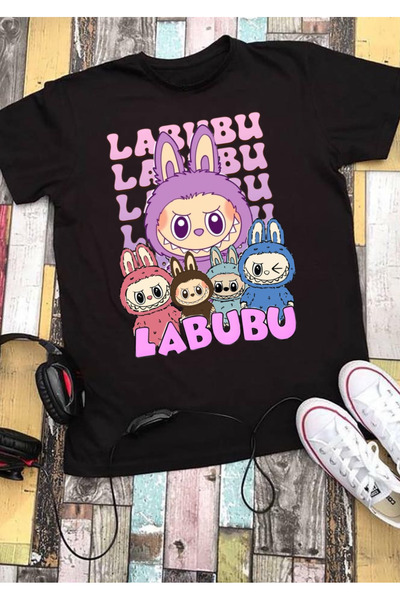 RYO FASHİON Labubu Multi T-Shirt 100% Cotton Black Short Sleeve Model-10