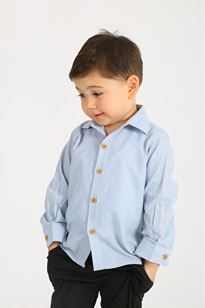 Pi Giyim Çocuk Keten Gömlek Mavi Uzun Kollu