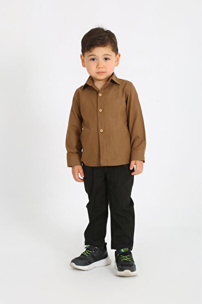Pi Giyim Çocuk Keten Gömlek Kahverengi Uzun Kollu