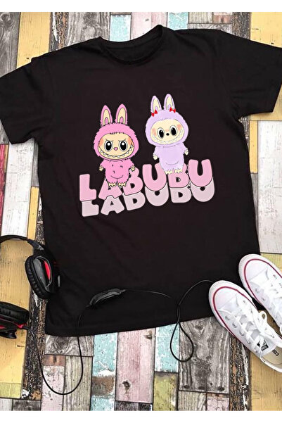 RYO FASHİON Labubu Multi T-Shirt 100% Cotton Black Short Sleeve Model-10