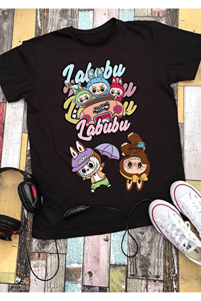 RYO FASHİON Labubu Multi T-Shirt 100% Cotton Black Short Sleeve Model-10