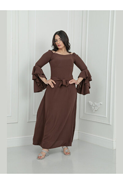 TREN فستان سهرة ماكسي أنيق للنساء - بني، أكمام مكشكشة، رقبة مربعة، حزام، مناسب للمناسبات الرسمية