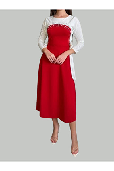 TREN Women's Belted Midi Dress - Pearl Detail Color Block Design for Evening Occasions