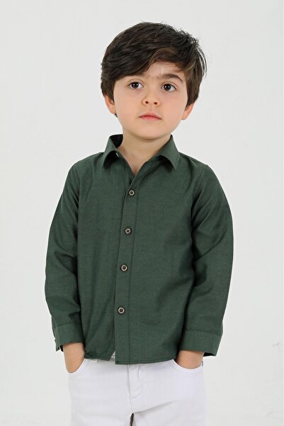 SİERNA Класическа детска риза от сатен, зелена, с дълги ръкави