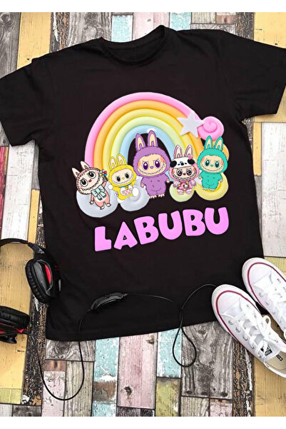 RYO FASHİON Labubu Multi T-Shirt 100% Cotton Black Short Sleeve Model-10