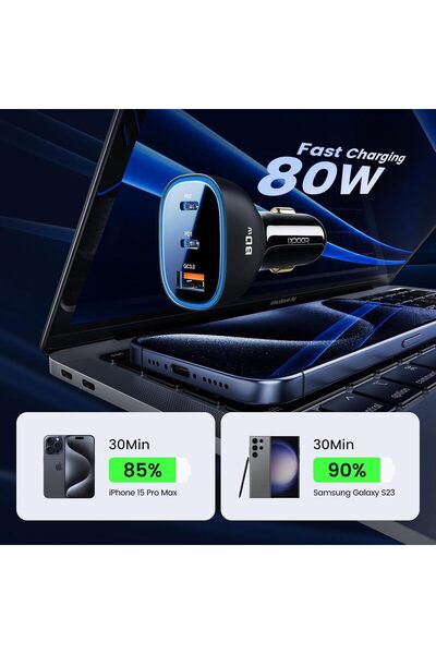 Kipgsm 80W Hızlı Sarj Desteki Dual Type-C + USB-A Araç İçi Sarj Aleti Transparan Görünümlü Çakmaklık
