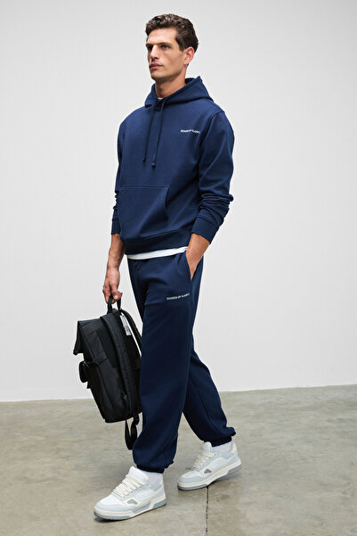 GRIMELANGE MARSHALLHOODIE Erkek Pamuklu İçi Polarlı Nakışlı Relaxed Koyu Lacivert Eşofman Takımı