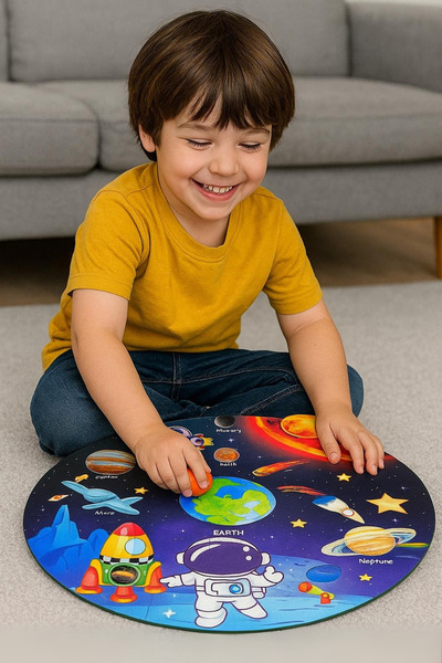 Eavrasya Ahşap İngilizce Gezegenler Dev Puzzle - 44 Parça Yuvarlak Daire Dike...