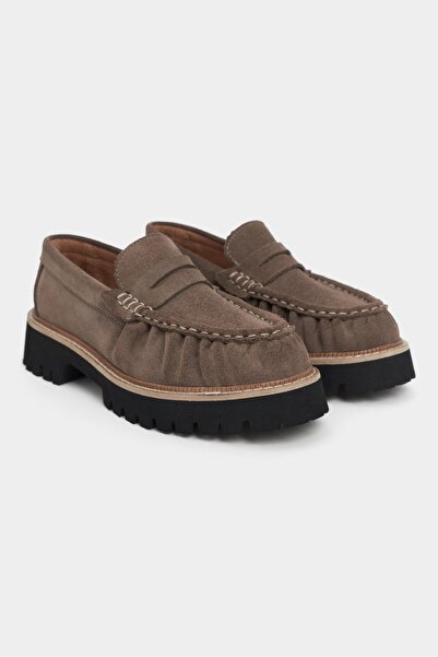 NİŞANTAŞI SHOES Alevtina Koyu Bej Süet Hakiki Deri Kalın Taban Kadın Loafer Ayakkabı
