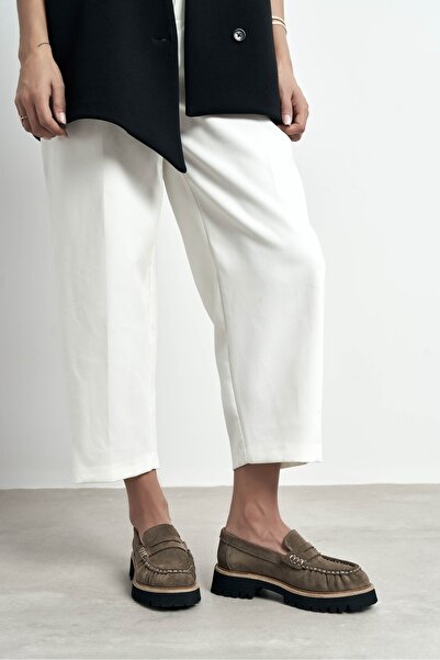 NİŞANTAŞI SHOES Alevtina Koyu Bej Süet Hakiki Deri Kalın Taban Kadın Loafer Ayakkabı