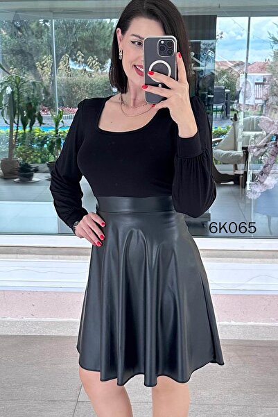 İnce Topuk Üstü Viskon Eteği Deri Elbise 6k065