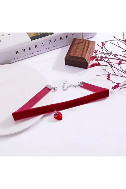 MutluBiDünya Kırmızı Kalpli Kadife Choker