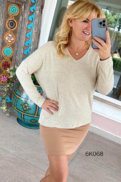 İnce Topuk بلوزة تريكو ناعمة بأكمام خفاش ورقبة على شكل حرف V 6k068