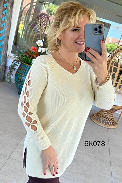 İnce Topuk V Yaka Kolları Taş İşlemeli Triko Bluz 6k078