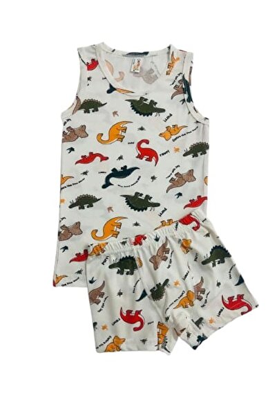 elmas kids Boy's Cotton Ecru Dinosaur Patterned Undershirt Boxer Set