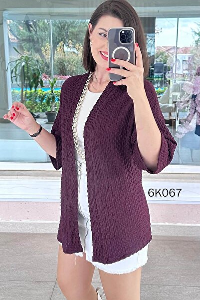 İnce Topuk Cardigan cu mâneci liliac din țesătură tricotată din Lycra 6k067