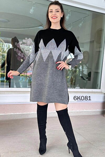 İnce Topuk Zigzag Patterned Glitter Knitwear Dress 6K081