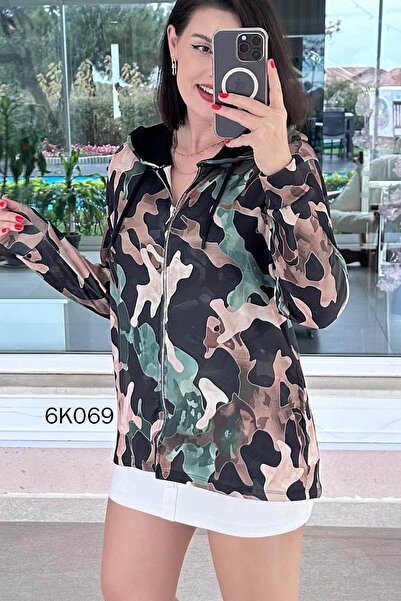 İnce Topuk Camouflage Pattern Interlock Hooded Cardigan 6K069