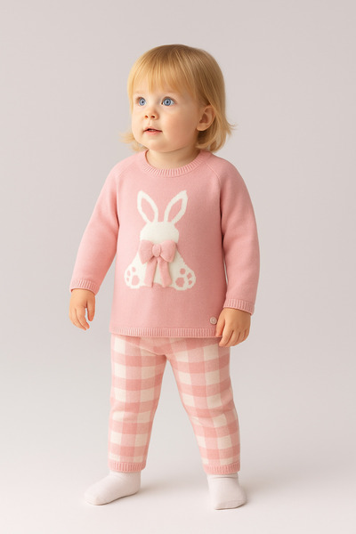 Eray Kids طقم ملابس محبوكة من القطن للفتيات الصغيرات بنمط الأرنب غير قابل للو...