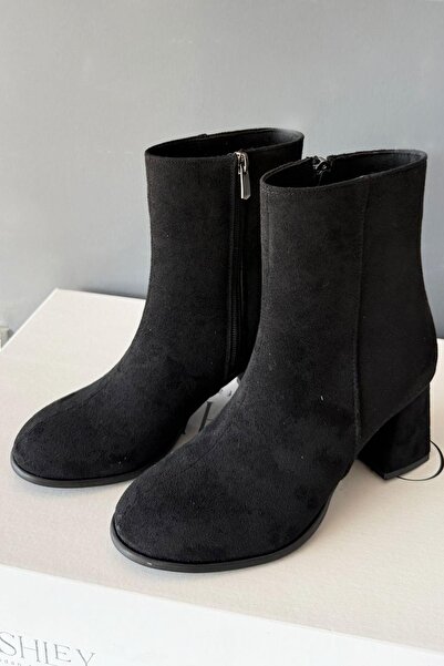 Preshley Women's Marta Black Suede 6 cm Thick Heeled Egg Toe Zippered Boots