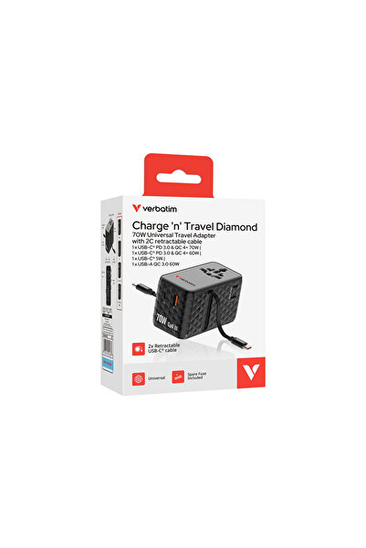 Verbatim Adapter GaN,70W,2 retractable cable, Black USB-C PD 3.0 QC4+up to 70W/USB-A QC 4+up to 60W