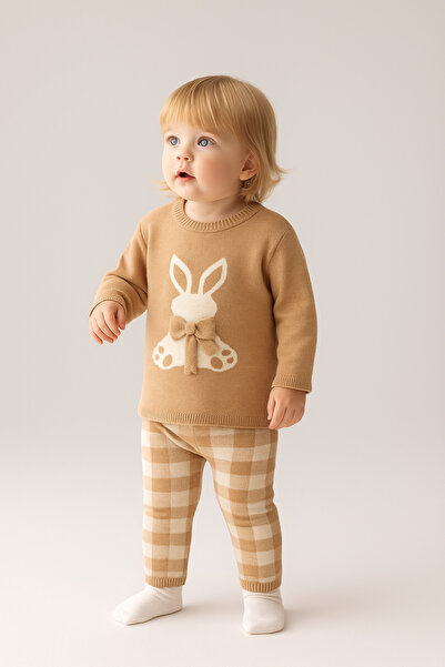 Eray Kids Baby Girl Rabbit Patterned Knitted Knitwear Bottom - Top Set (6-9-12-18 Months)