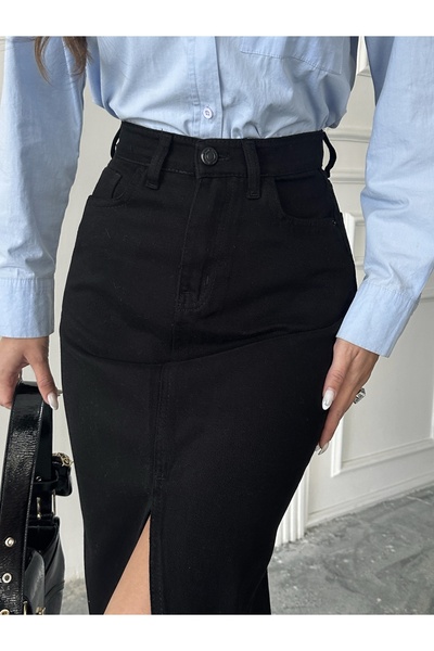 blue marlın KADIN SİYAH ETEK UCU KESİK ÖN YIRTMAÇ KETEN ETEK