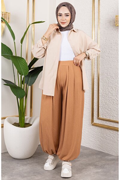 sefamerve Beli Lastikli Şalvar Pantolon 0001-06 Taba