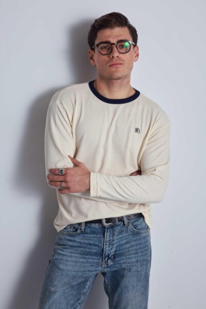 ablukaonline Ανδρικό φούτερ με λεπτομέρεια αντίθεσης, μεγάλου μεγέθους, βασικό κρεμ