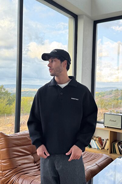 Flaw Wear Essentials cu imprimeu Polo Yaka Swea tricou Negru