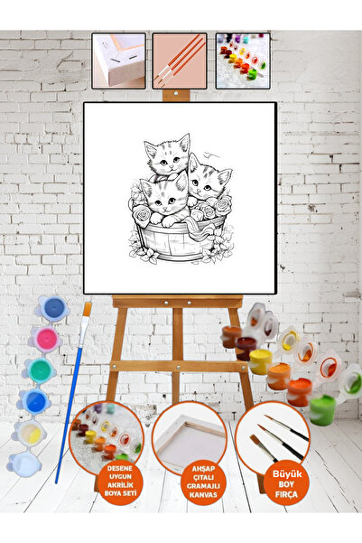 Elittablo Sayılarla Kanvas SEPETTE KEDİ Boyama 20x20 Tuval Fırça Etkinlik ve ...